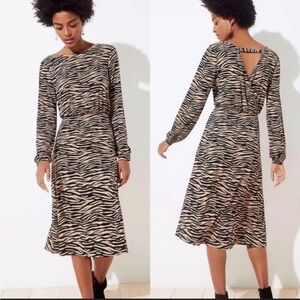 NWT LOFT Zebra Animal Print Long Sleeve Keyhole Back Cutout Dress 6 Petite